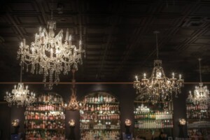 chandeliers hanging from the cieling